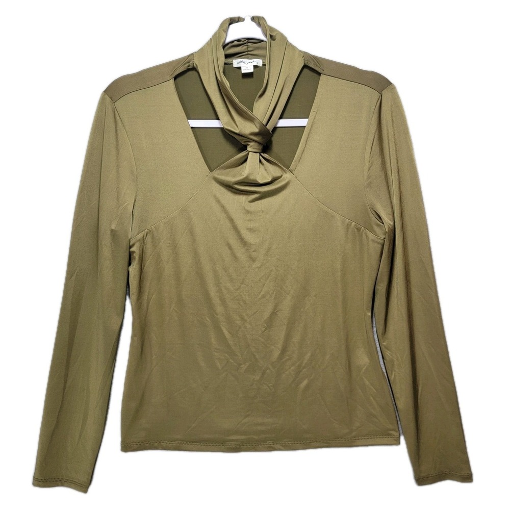Ultra Pink Blouse Womens M Olive Green High Twist Neck Long Sleeve Stretch Silky